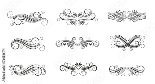 Collection of nine elegant black and white floral scroll ornaments and decorative flourishes.