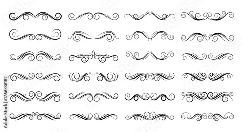 Collection of decorative black and white floral scroll ornaments and dividers.