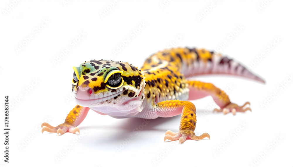 Obraz premium Leopard Gecko's Allure: A captivating close-up of a leopard gecko, showcasing the intricate patterns of its skin and unique charm. The gecko is the star of a vibrant, clean shot.