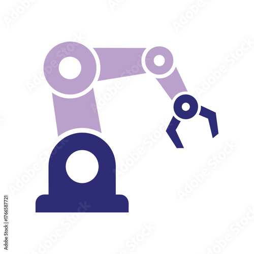 Purple and blue robotic arm with gripper on white background mechanical