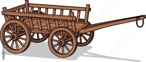 Wooden Cart with Four Wheels and Pull Handle Displayed on White Background