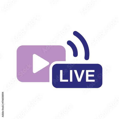 Purple play button icon with dark blue live text and signal waves streaming