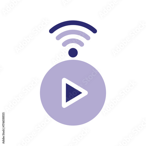 Purple play button icon with wifi signal and dot vector