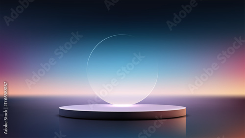 Futuristic Technology Product Display Mockup: Circular Glass Podium on Vibrant Gradient Background for Modern Concept Showcase and Innovation Presentation