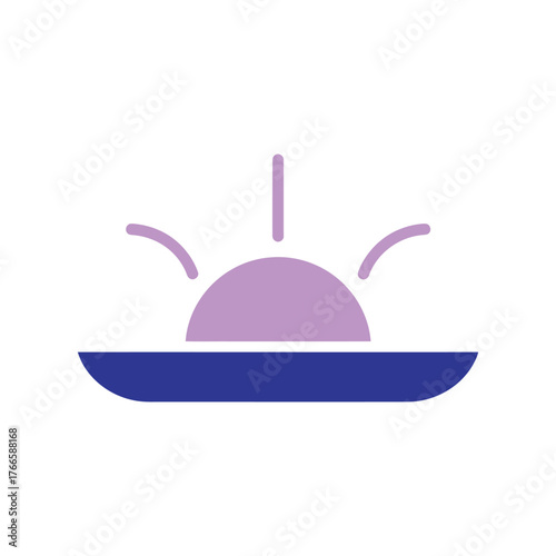 Purple sun rising over dark blue horizon graphic icon sunrise dawn