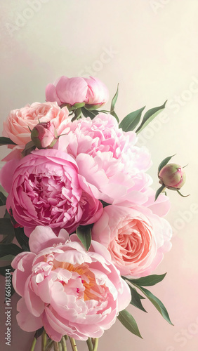 Beautiful bouquet of pink peonies lying on a creamy surface, creating a romantic and elegant floral still life.
