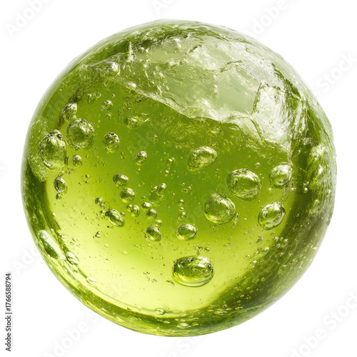 Round, translucent, lime-green glass sphere with bubbles