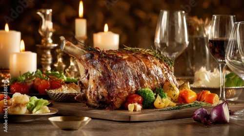 Succulent roasted lamb leg garnished with fresh herbs, surrounded by colorful vegetables and elegant glassware, creating a warm and inviting dining atmosphere for festive occasions