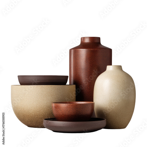 Group of five muted-toned ceramic vessels