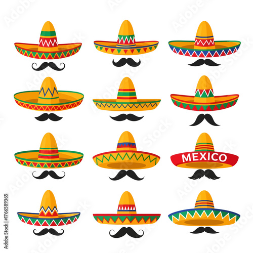 Set of vibrant Mexican hats with various patterns, each displayed above a classic black mustache in a clean vector style.