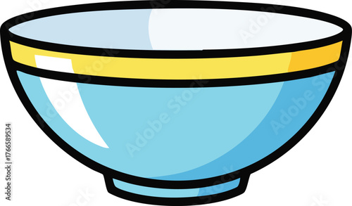 Simple Blue Bowl With Yellow Rim And Black Outline On White Background