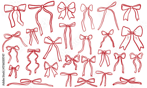 Collection of hand drawn red bows in various shapes and ribbon styles. Elegant doodle outline set perfect for Christmas, gifts, packaging, and festive decorations