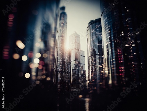 A futuristic autumn city where skyscrapers, morning lighting and sunrising