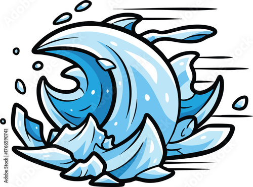Stylized Blue Ice Wave With Speed Lines And Splashes