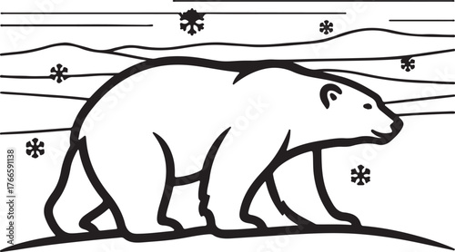 Polar Bear Silhouette – Arctic Animal Line Art with Snowflakes and Winter Landscape