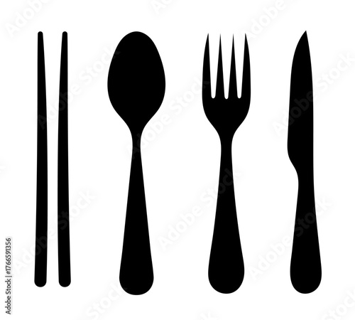Dining utensil silhouettes vector set, chopsticks, spoon, fork, knife graphic illustration