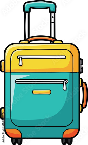 Teal And Yellow Pixel Art Suitcase With Wheels And Handle Isolated On White