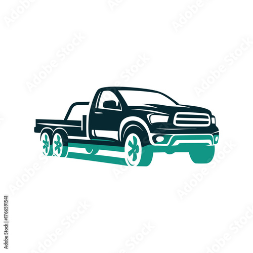 Stylized Pickup Truck Vector Illustration A solid maroon pickup truck hauling a flatbed trailer