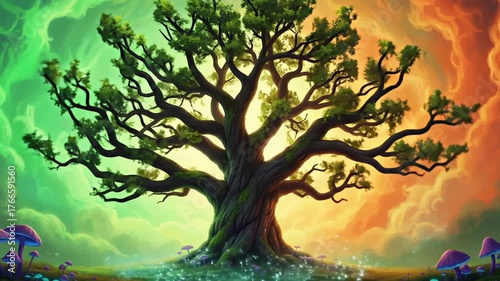 A seed growing into a full grown tree in the style of a whimsical background.