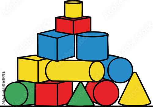 Tower of Colorful Geometric Shapes Including Cubes Cylinders and Triangles Stacked on a White Surface