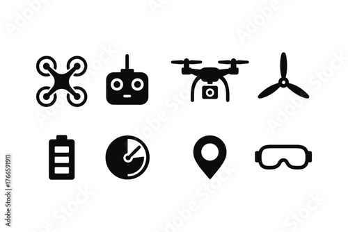 Drone and accessories icons set featuring remote controllers and propellers