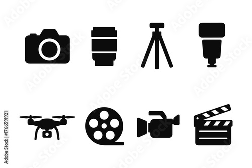 Essential photography and filmmaking equipment icons in silhouette style