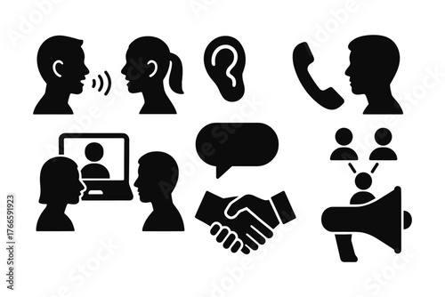 Communication icons set: silhouette style illustrating diverse methods of interaction