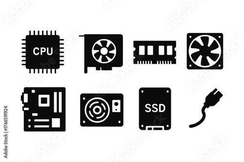 Essential computer hardware icons in modern silhouette style