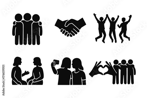 Black silhouette icons of social interaction and friendship activities