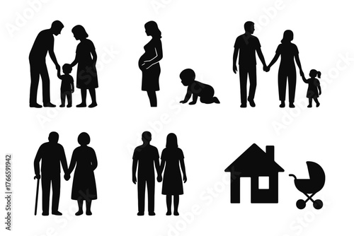 Silhouette family generations: parenthood, growth, and home life