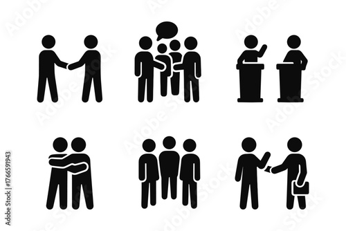 Silhouette icons depicting business and social interaction concepts