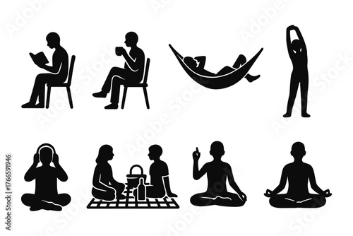 Silhouette set of relaxation and mindfulness activities