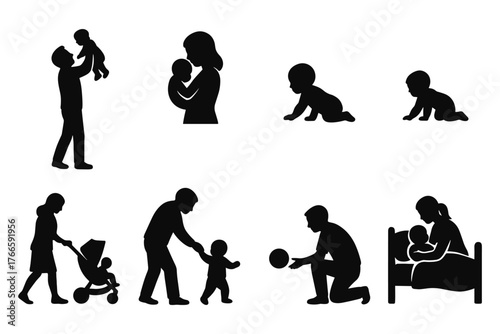 Family silhouette collection: parents and children bonding moments