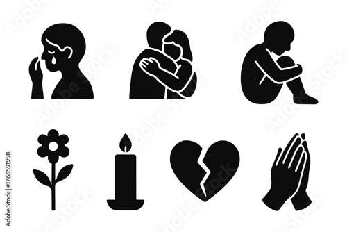 Silhouette symbols of grief: embracing, sorrow, and hopeful icons