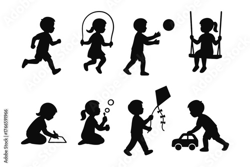 Children at play silhouette collection featuring outdoor activities