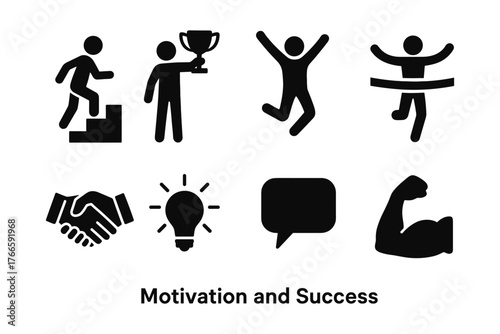 Silhouette icons of motivation and success with people and symbols