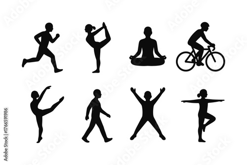 Silhouette of people in various fitness and yoga positions