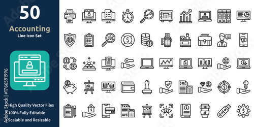 Accounting icon set in Outline style. Minimilist and trendy Icon set. Containing Icons,Printer,Web login,To do list,Stop watch,Search graph,and so on.