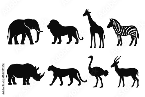 Silhouette safari animals collection: elephant, lion, giraffe, zebra, rhino, cheetah, ostrich, antelope