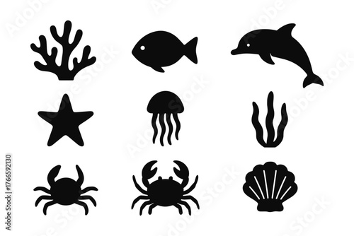 Black silhouette icons of marine life including fish, dolphin, and coral