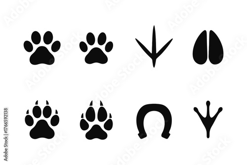 Animal tracks collection: paw, hoof, claw, and bird footprints in black silhouette style
