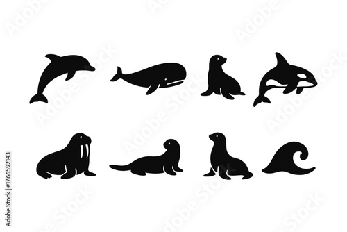 Silhouette collection of marine animals: dolphins, whales, seals, and waves