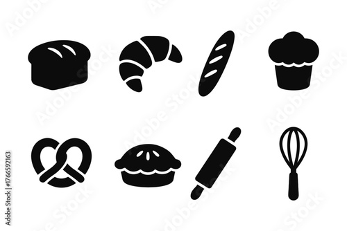 Black and white baking icons set: croissant, bread, muffin, and tools for kitchen