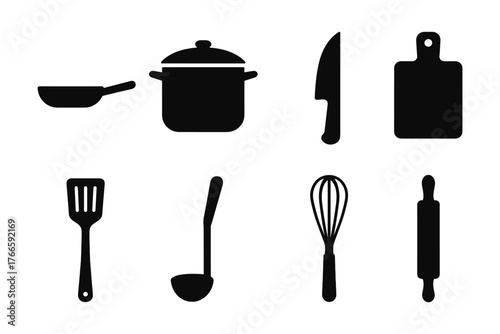 Essential kitchen tools silhouette set: pots, pans, utensils, and cutting board icons