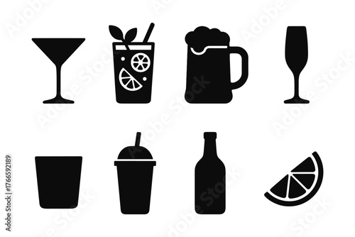 Silhouette icons of various beverage glassware and drinks