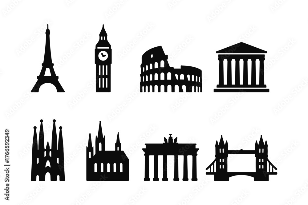 Fototapeta premium Iconic world landmarks in silhouette: famous architectural monuments