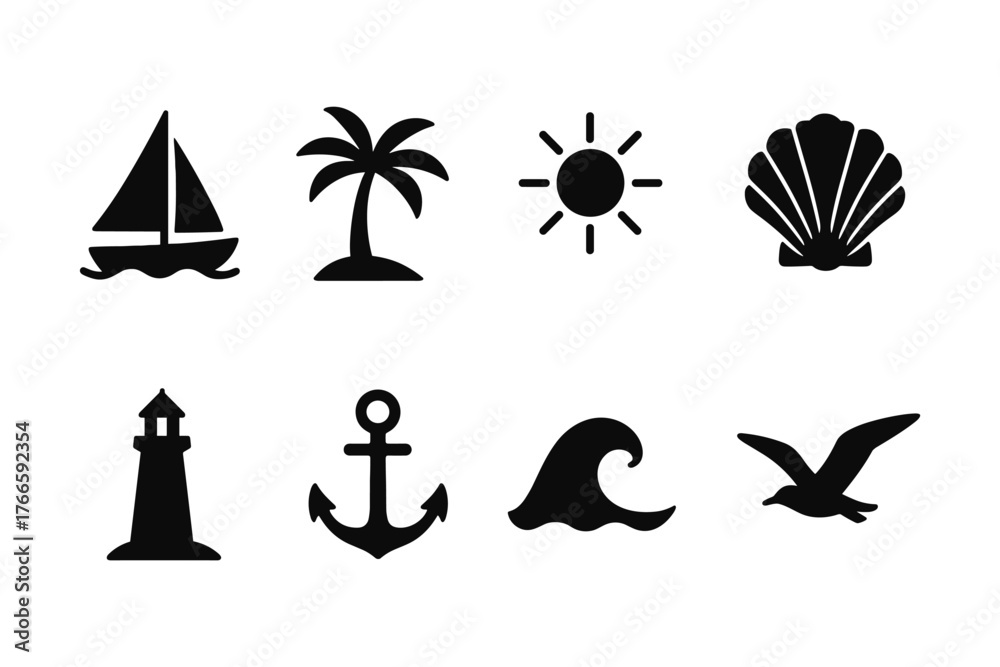 Fototapeta premium Coastal beach icons: sailboat, palm tree, sun, seashell, lighthouse, anchor, wave, seagull silhouettes