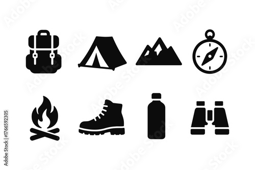 Essential camping icons: backpack, tent, mountains, compass, campfire, hiking boot, water bottle, binoculars