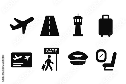Airport and travel icons set: plane, luggage, control tower, boarding pass, gate, pilot, window seat