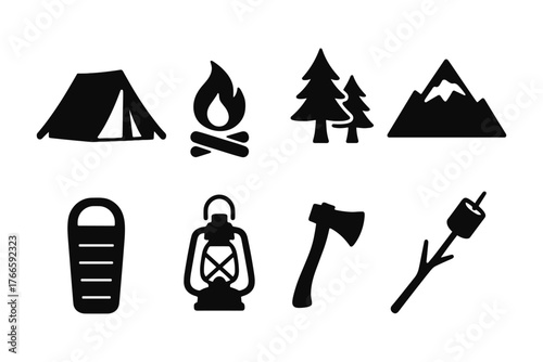 Camping adventure icons in minimalist silhouette style featuring tent, campfire, and outdoor elements